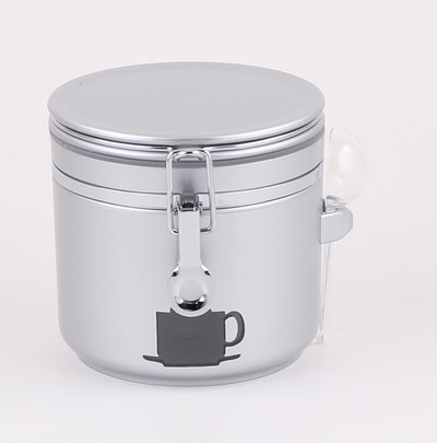 Dose &quot;Antonio&quot;, 320 g, silber Kunststoff, rund, mit Aroma-Bügelverschluss mit Portionierlöffel und Sichtfenster H 12,5 cm, Ø 13 cm