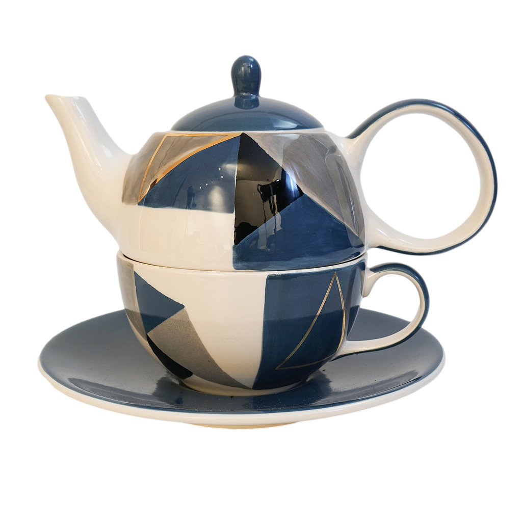 Tea-for-one Set  "Caspian" Kanne: 0,4 l, Tasse: 0,2 l, Keramik mit Goldauflage, 4-teilig, Kanne: H 12 cm, Ø 5,5 cm Tasse: H 6 cm, Ø 10 cm