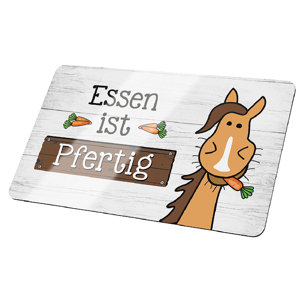 Brettchen, rechteckig, "Essen ist pfertig", Spruch, Resopal, weiß, VE 6, L. 15 cm, B. 24 cm