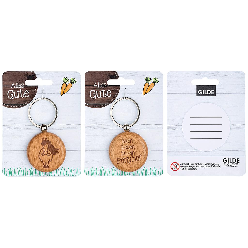 Schlüsselanhänger &quot;Ponyhof&quot; naturfarben, aus Buchenholz, beidseitig gelasert Pony / &quot;Mein Leben ist ein Ponyhof&quot; inkl. Karte mit Spruch