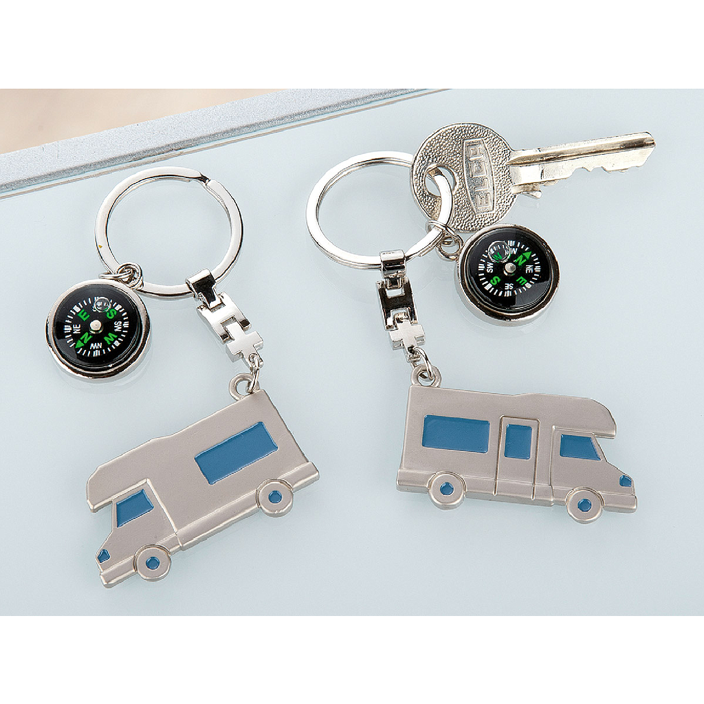 Schlüsselanhänger, Wohnwagen, Kompassmotiv, Metall, silberfarben, 
