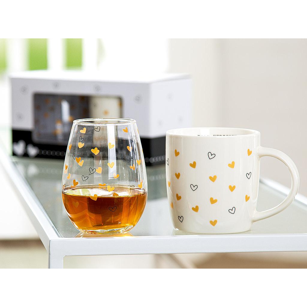 2er Set Glas &amp; Tasse &quot;Mein Herzchen&quot; klar/weiß/schwarz/goldfarben, in Geschenkverpackung Tasse: H 9,3 x D 8,8 x B 12,5 cm / 350 ml Füllmenge,  Glas: H 10,5 x D 8 cm / 300 ml Füllmenge  Glas und Tasse sind spülmaschinengeeignet