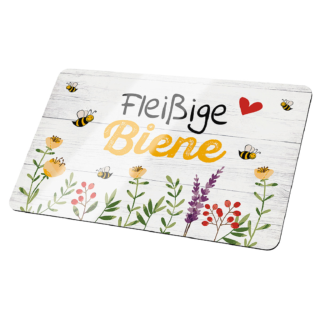 Brettchen, rechteckig, "Fleißige Biene", Schriftzug, Blumenmuster, Resopal, grau, VE 6, L. 15 cm, B. 24 cm