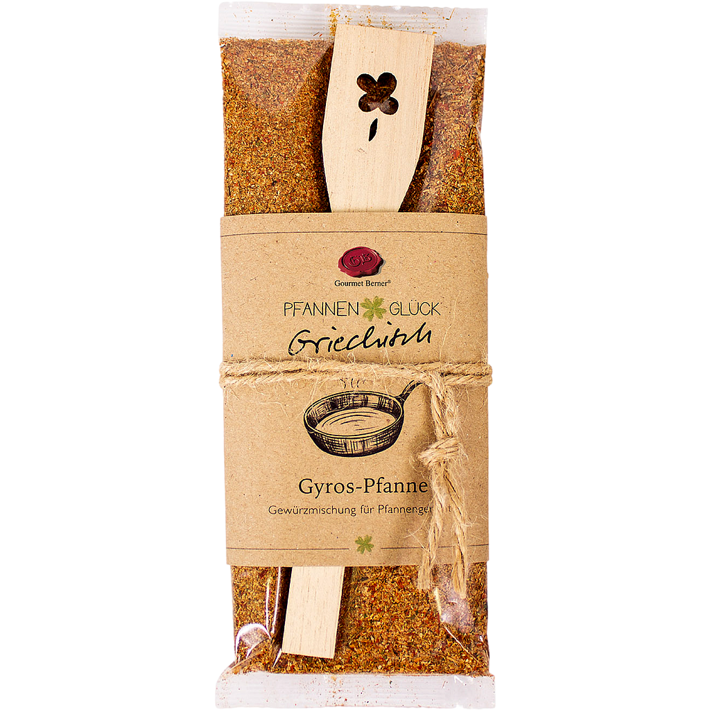 Pfannenglück Griechisch; Gyros-Pfanne Gewürzmischung für Pfannengerichte, Inhalt; 70g Beutel, mit "Kleeblatt" Pfannenwender 