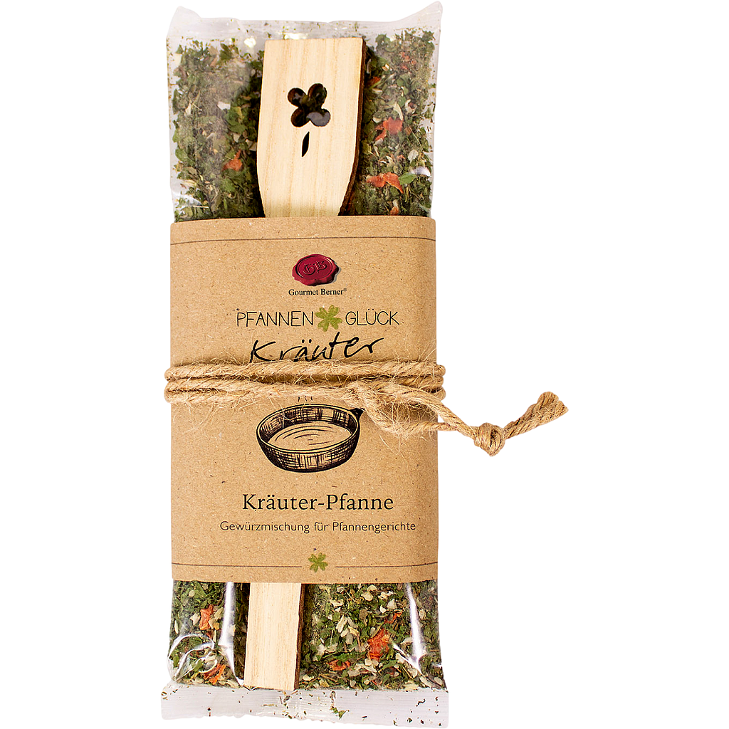 Pfannenglück Kräuter; Kräuter-Pfanne Gewürzmischung für Pfannengerichte, Inhalt; 35g Beutel, mit "Kleeblatt" Pfannenwender 