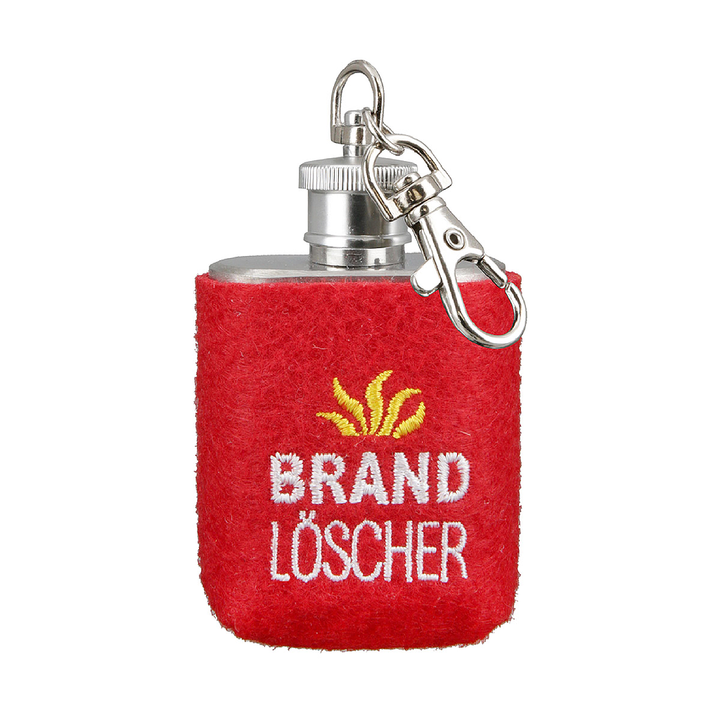 Schlüsselanhänger, Flachmann, "Brandlöscher", Flammenmotiv, Schriftzug, Edelstahl, Filz, rot, VE 6, L. 3 cm, B. 4,5 cm, H. 8 cm