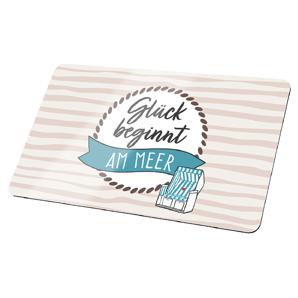 Brettchen, rechteckig, "Glück beginnt am Meer", Schriftzug, Resopal, weiß, L. 14,5 cm, B. 23,5 cm