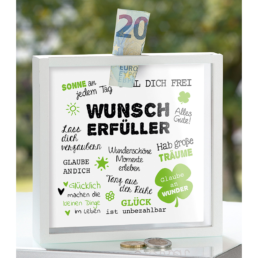 Spardose, quadratisch, "Wunscherfüller", Spruch, MDF, weiß, L. 4,4 cm, B. 17,2 cm, H. 17 cm