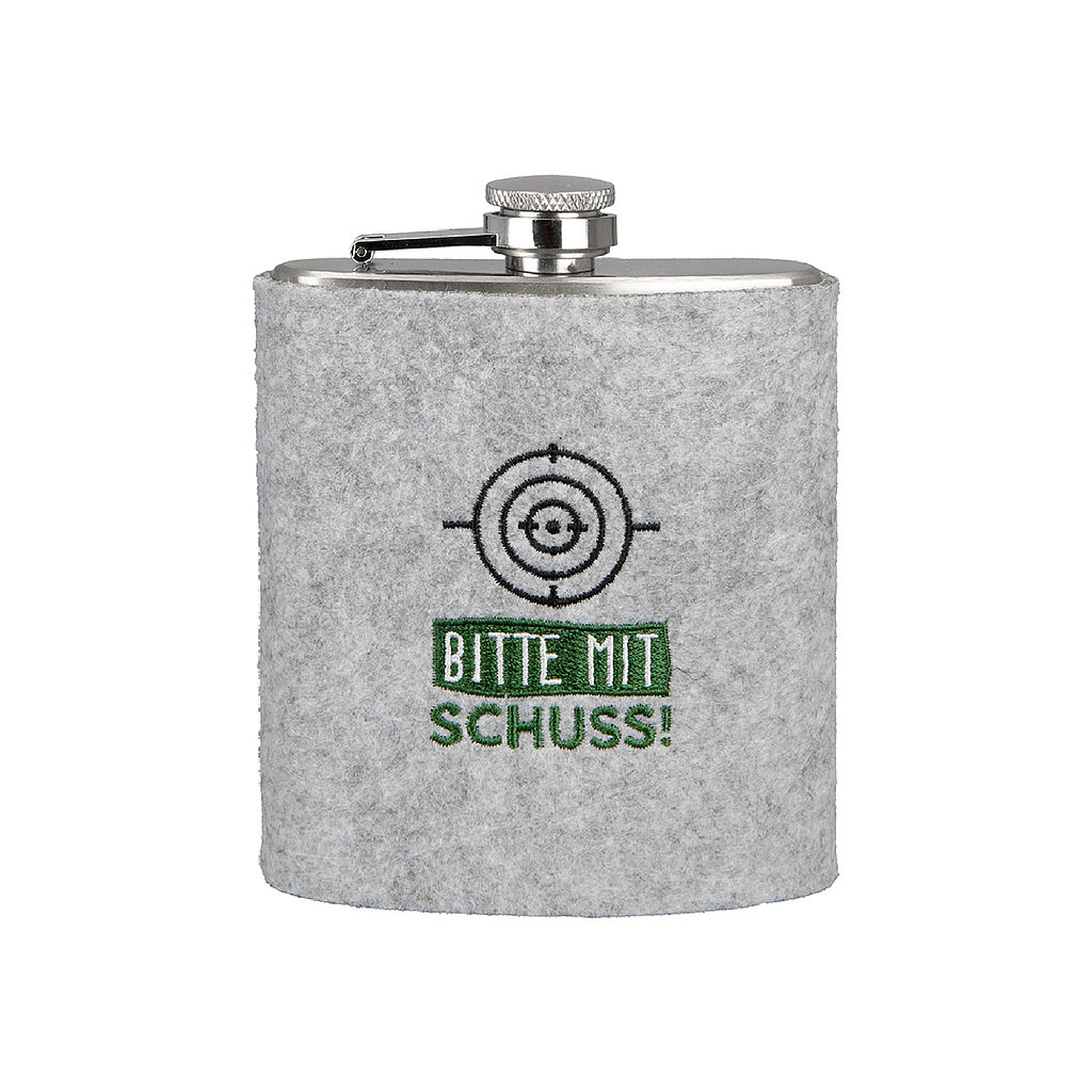 Flachmann, &quot;Bitte mit Schuss!&quot;, Schriftzug, Edelstahl, Filz, grau, L. 3 cm, B. 10 cm, H. 12,5 cm