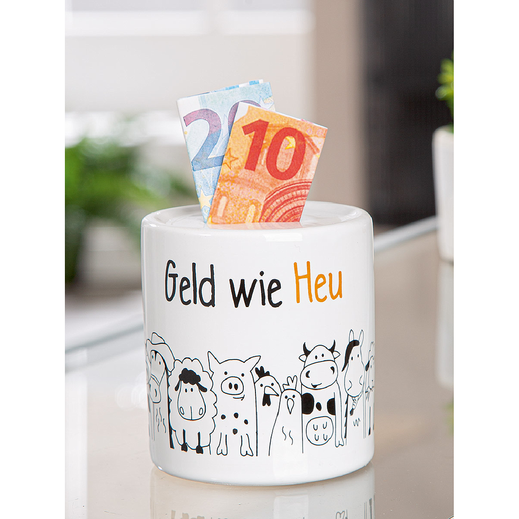 Spardose, zylindrisch, "Landleben", Spruch, Keramik, weiß, VE 8, H. 9 cm, D. 9 cm