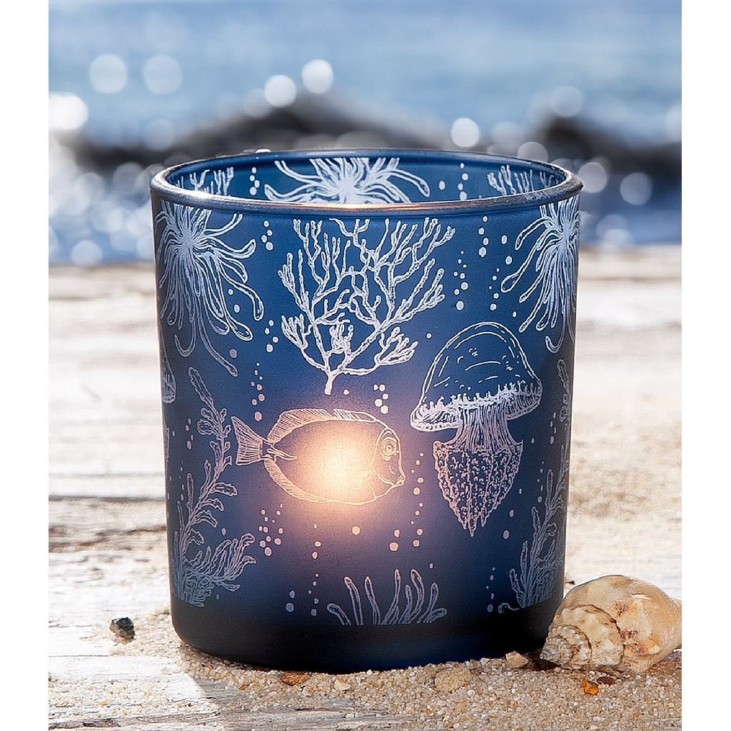 Windlicht, zylindrisch, &quot;Korallenriff&quot;, Fischmotiv, Glas, dunkelblau, 8, H. 8 cm, D. 7 cm