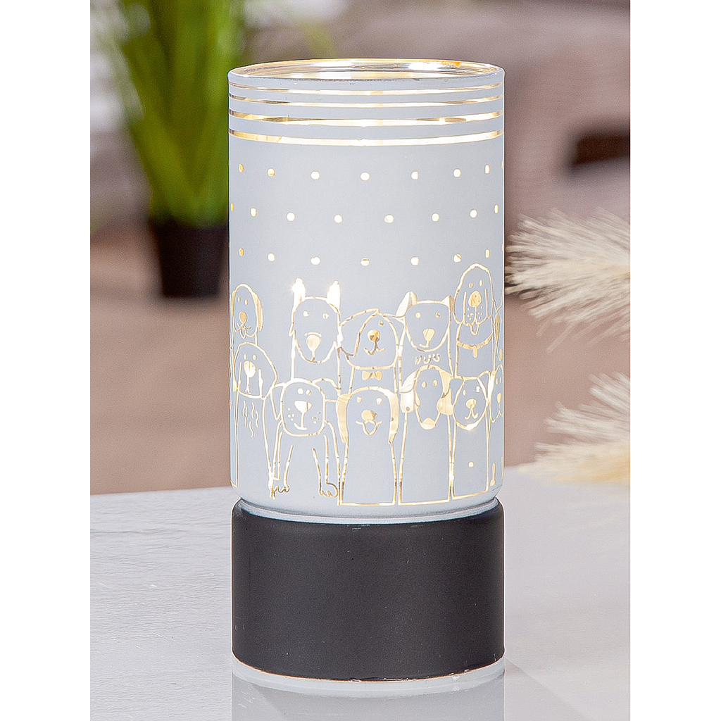 Windlicht (LED), "Hundebande", Tiermotive, Glas, weiß, H. 15 cm, D. 7 cm