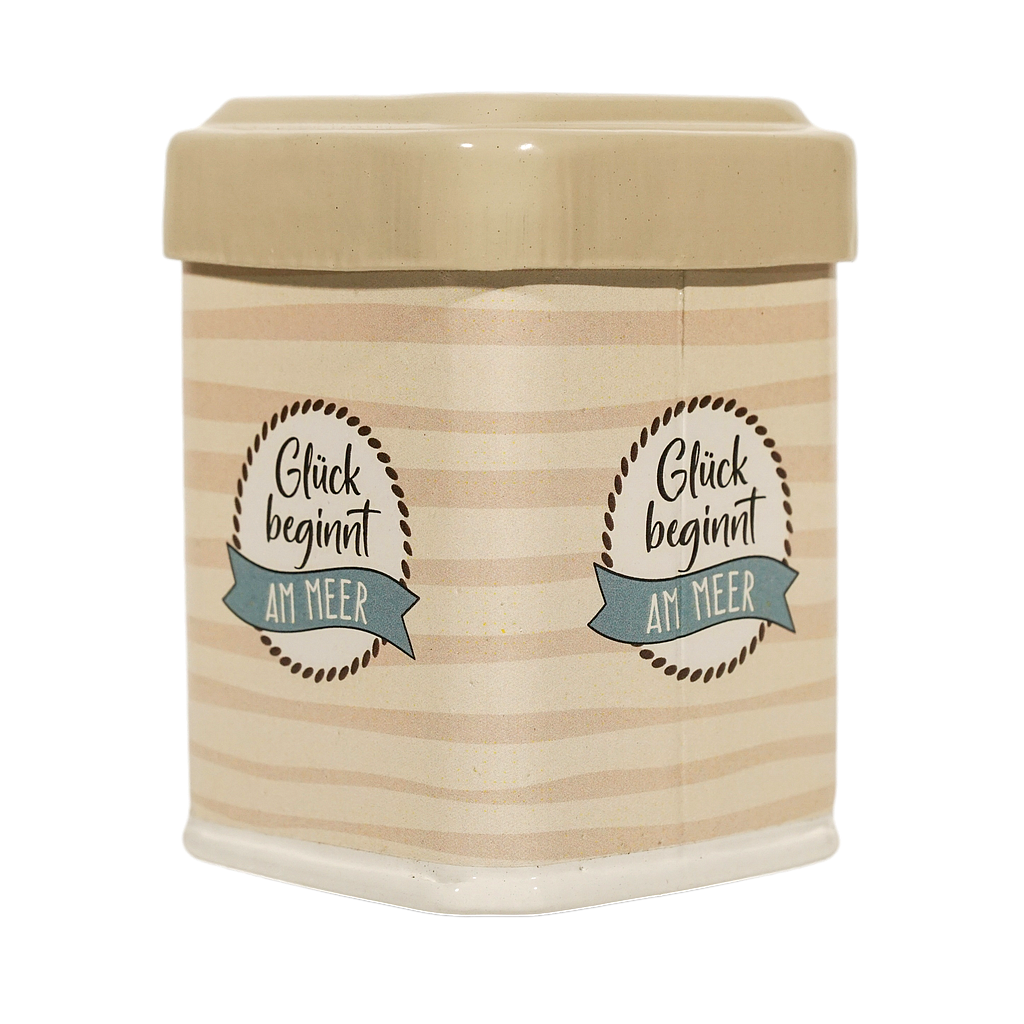 Teedose, für ca. 50g Tee, "Glück beginnt am Meer", gestreift, L. 6 cm, B. 6 cm, H. 8,5 cm